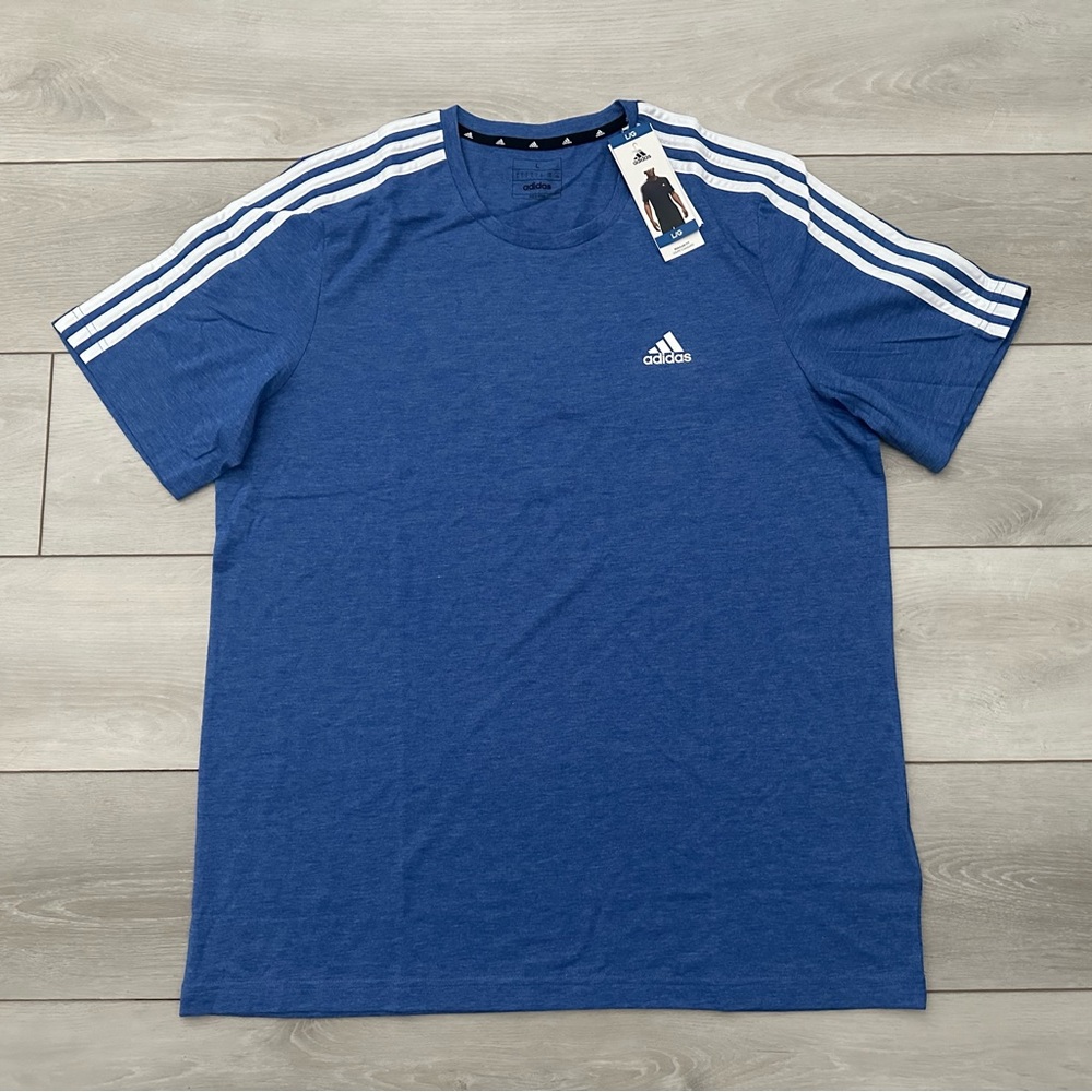 NWT Adidas Blue Tee with White Stripes - Picture 3 of 4